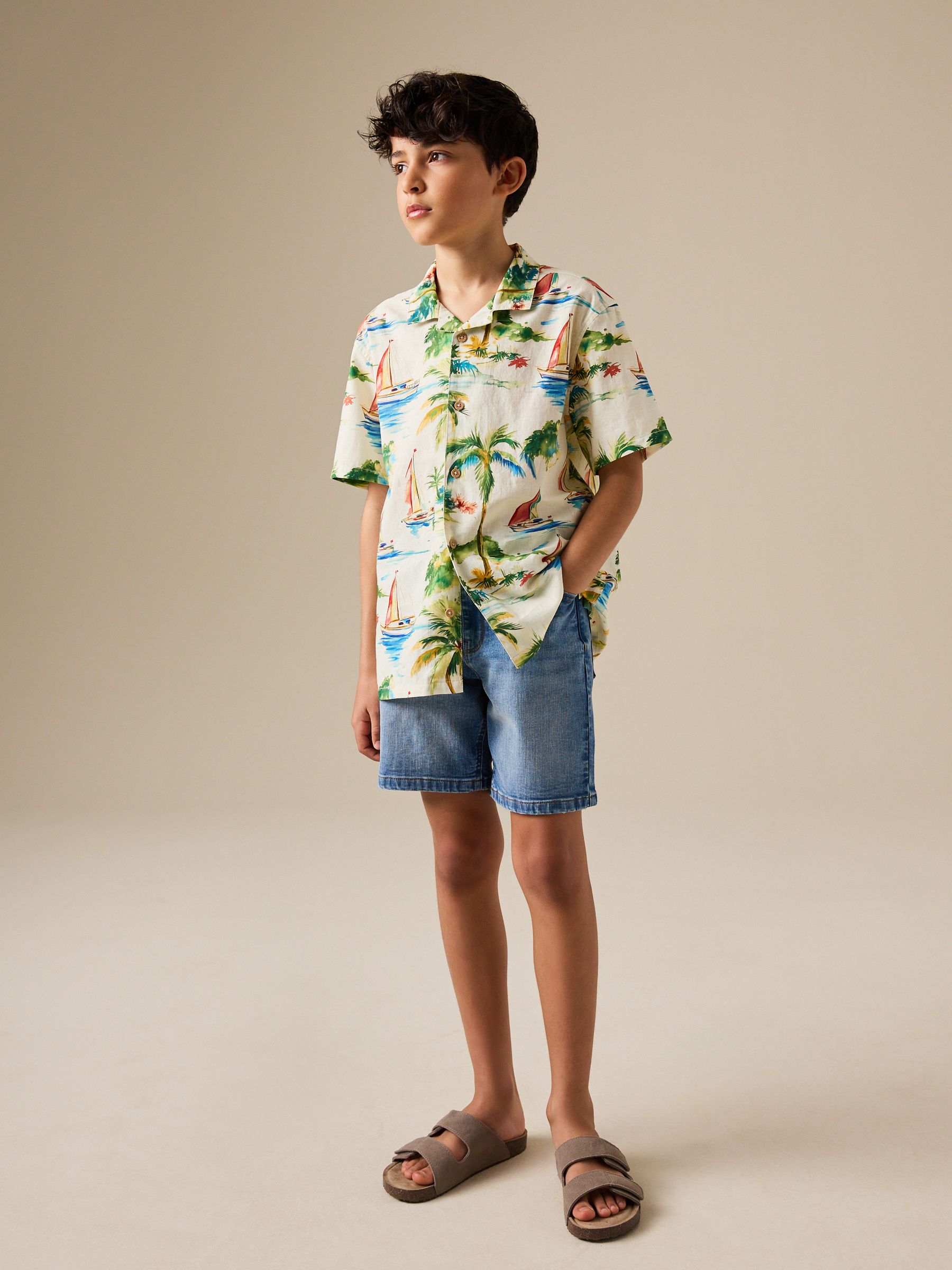 Buy Ecru Boat All Over Print Short Sleeve Revere Collar Shirt (3