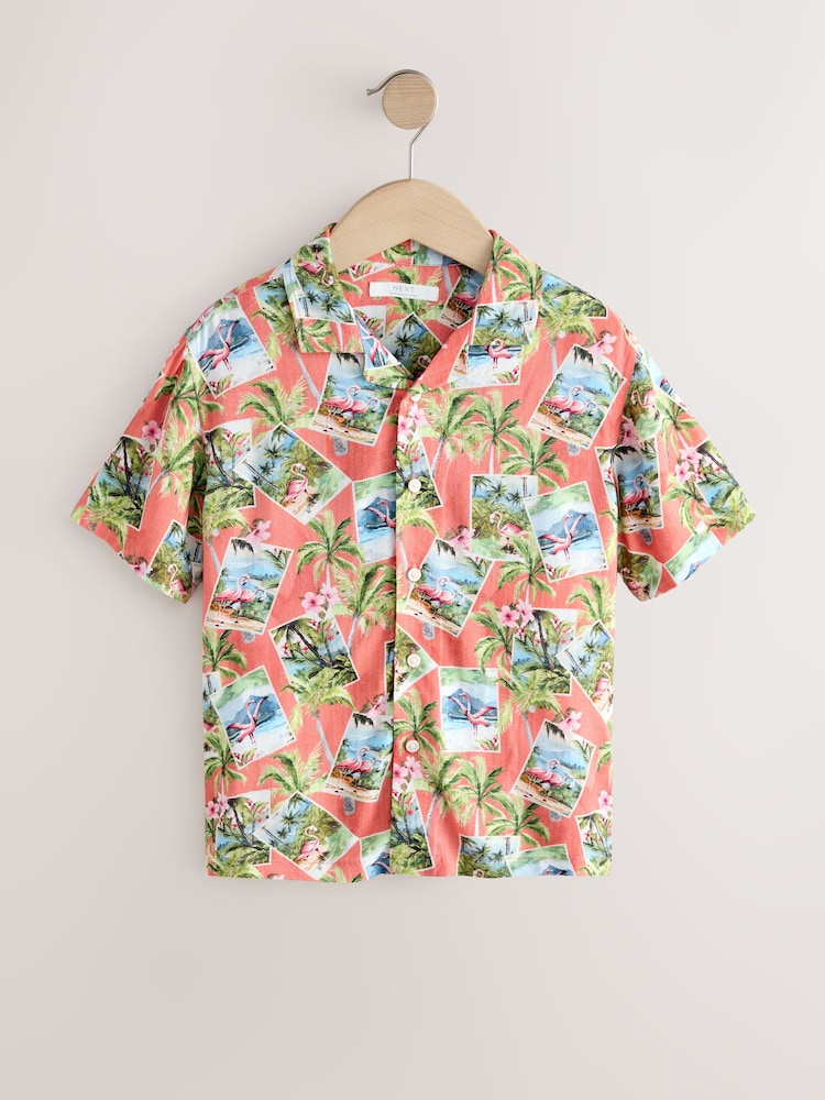 Peach Pink Postcard All Over Print Short Sleeve Revere Collar Shirt (3-16yrs) - Image 1 of 4 Peach Pink Postcard All Over Print Short Sleeve Revere Collar Shirt (3-16yrs) - Image 1 of 4