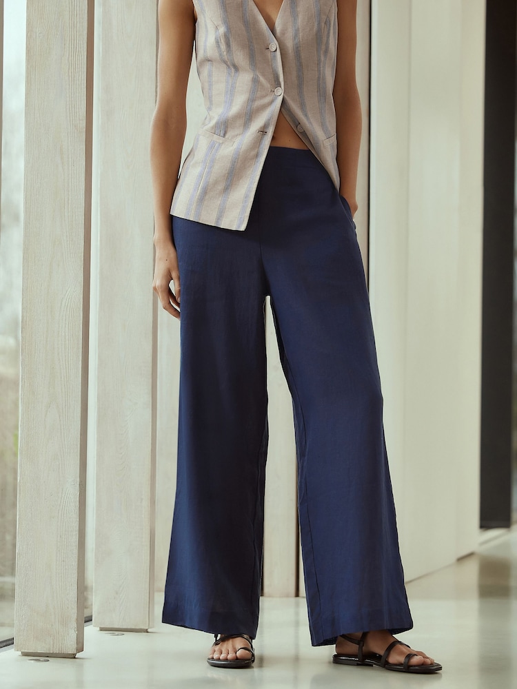 Navy N. Premium Linen Wide Leg Trousers - Image 2 of 8