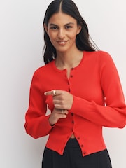 Bright Red Ribbed Volume Sleeve Knitted Cardigan - Image 1 of 8