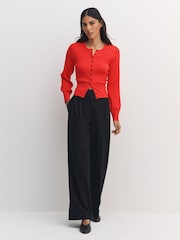 Bright Red Ribbed Volume Sleeve Knitted Cardigan - Image 2 of 8