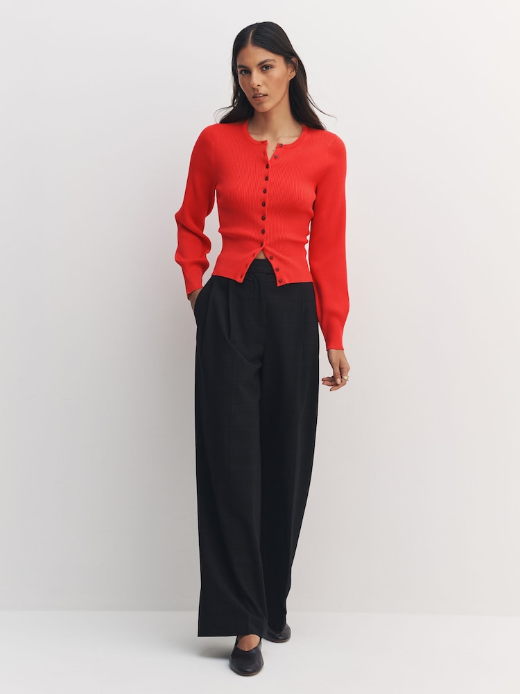 Bright Red Ribbed Volume Sleeve Knitted Cardigan - Image 2 of 8