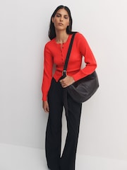 Bright Red Ribbed Volume Sleeve Knitted Cardigan - Image 3 of 8