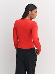 Bright Red Ribbed Volume Sleeve Knitted Cardigan - Image 4 of 8