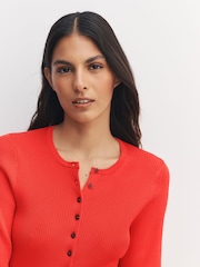 Bright Red Ribbed Volume Sleeve Knitted Cardigan - Image 5 of 8