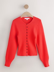 Bright Red Ribbed Volume Sleeve Knitted Cardigan - Image 6 of 8