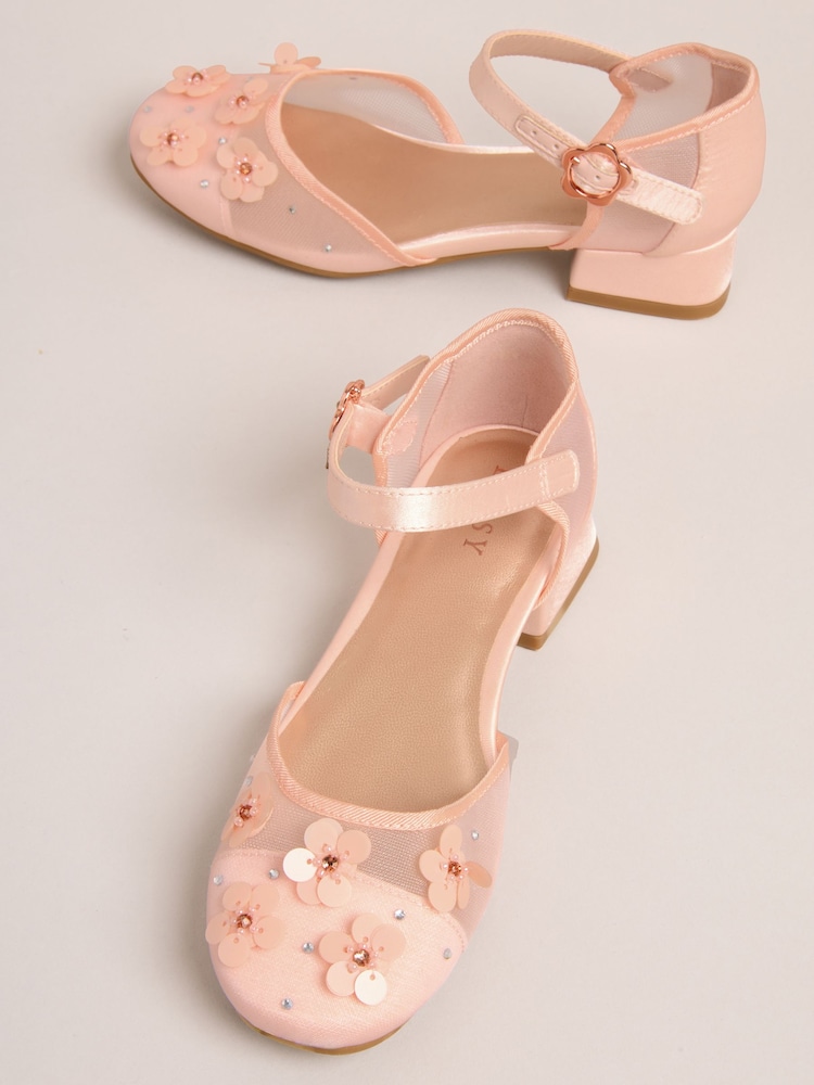 Lipsy Pink Sequin Floral Mesh Occasion Flower Girl Block Heeled Sandals - Image 1 of 5 Lipsy Pink Sequin Floral Mesh Occasion Flower Girl Block Heeled Sandals - Image 1 of 5