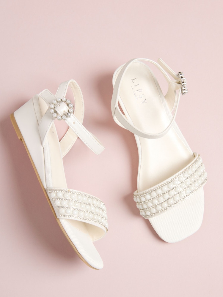 Lipsy White Satin Pearl Occasion Flower Girl Mini Wedge Sandals - Image 1 of 4 Lipsy White Satin Pearl Occasion Flower Girl Mini Wedge Sandals - Image 1 of 4