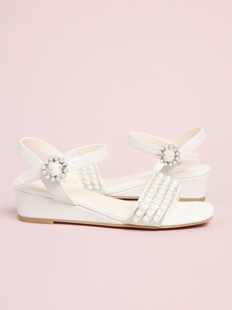Lipsy White Satin Pearl Occasion Flower Girl Mini Wedge Sandals - Image 2 of 4 Lipsy White Satin Pearl Occasion Flower Girl Mini Wedge Sandals - Image 2 of 4