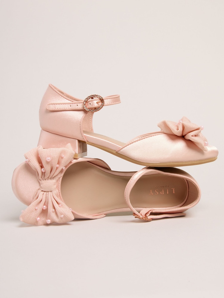 Lipsy Pink Low Block Heel Pearl Bow Occasion Flower Girl Heeled Sandals - Image 2 of 5 Lipsy Pink Low Block Heel Pearl Bow Occasion Flower Girl Heeled Sandals - Image 2 of 5