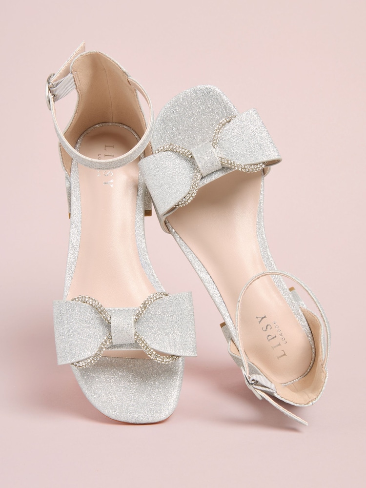 Lipsy Silver Embellished Bow Occasion Flower Girl Block Heeled Sandals - Image 2 of 5 Lipsy Silver Embellished Bow Occasion Flower Girl Block Heeled Sandals - Image 2 of 5