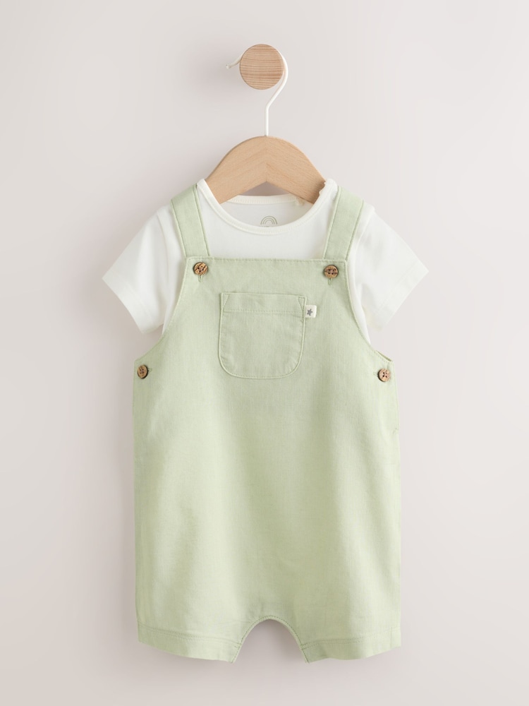 Sage Green Linen/Cotton Blend Dungaree and Bodysuit Baby Set (0mths-2yrs) - Image 1 of 9