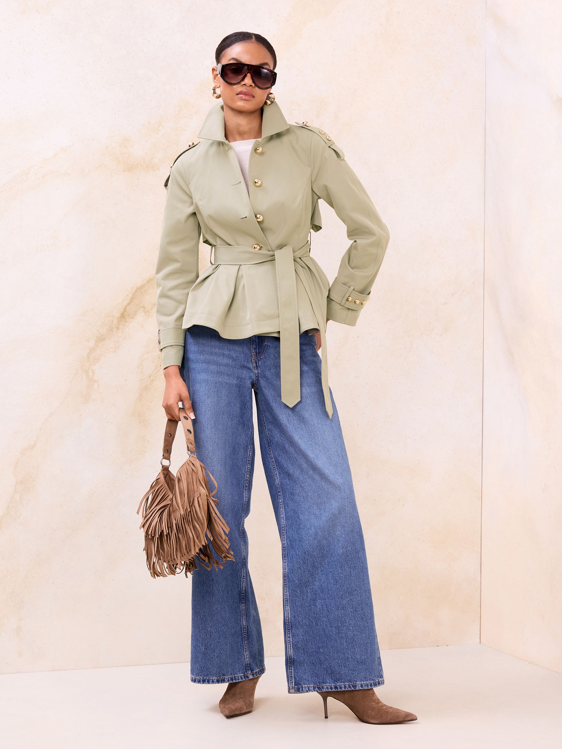 Buy Lipsy Olive Green Pleated Peplum Hem Trench Coat from Next USA