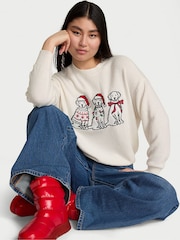 Victoria's Secret Pink Winter White Christmas Dog Print Oversized Sweatshirt - Image 1 of 3
