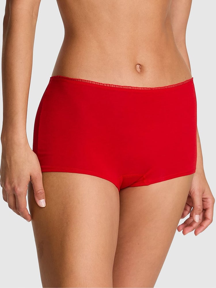 Victoria's Secret Pink Bright Vermillion Red Heart Mesh Print Short Cotton Knickers - Image 1 of 2