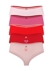Victoria's Secret Red/Pink Cheeky 5 Pack Cotton Lace Trim Knickers - Image 1 of 1