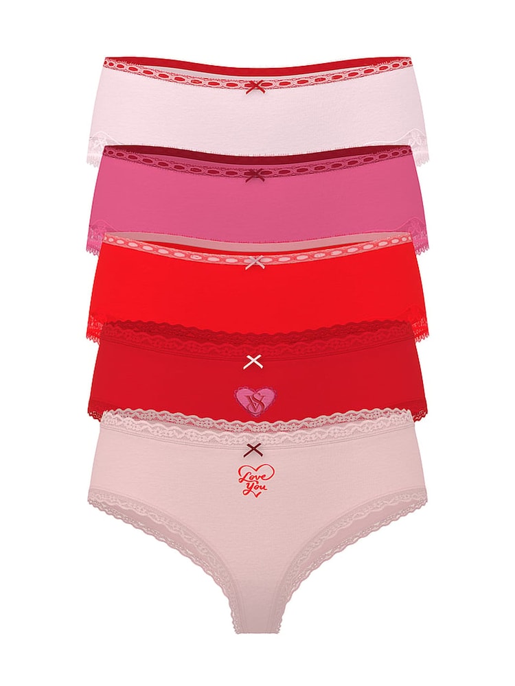 Victoria's Secret Red/Pink Cheeky 5 Pack Cotton Lace Trim Knickers - Image 1 of 1