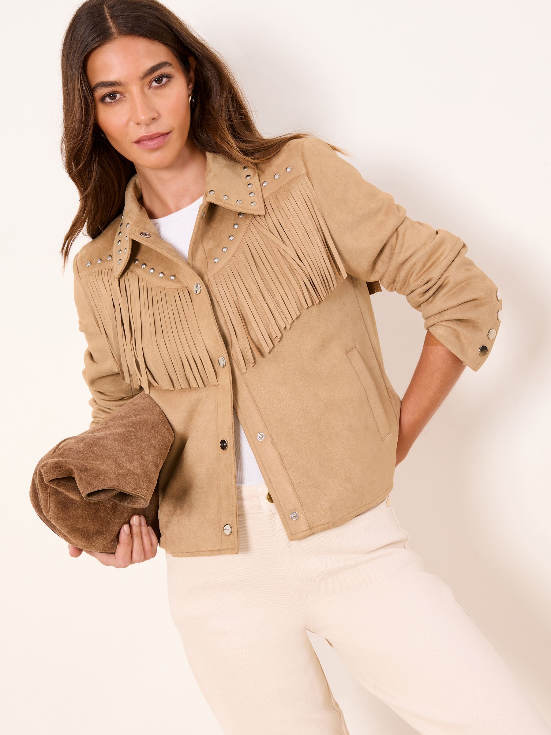 Buy Lipsy Sand Festival Fringed Faux Suede Studded Jacket from