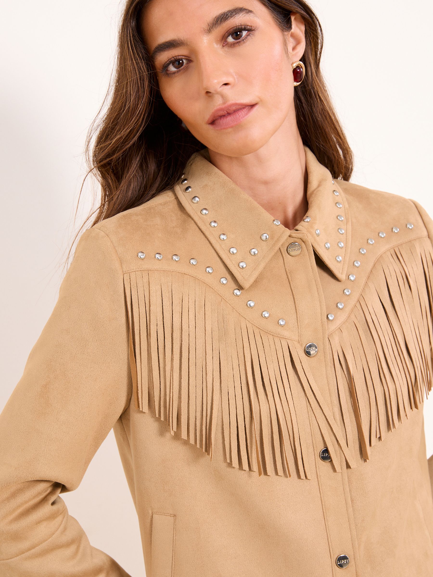 Buy Lipsy Sand Festival Fringed Faux Suede Studded Jacket from