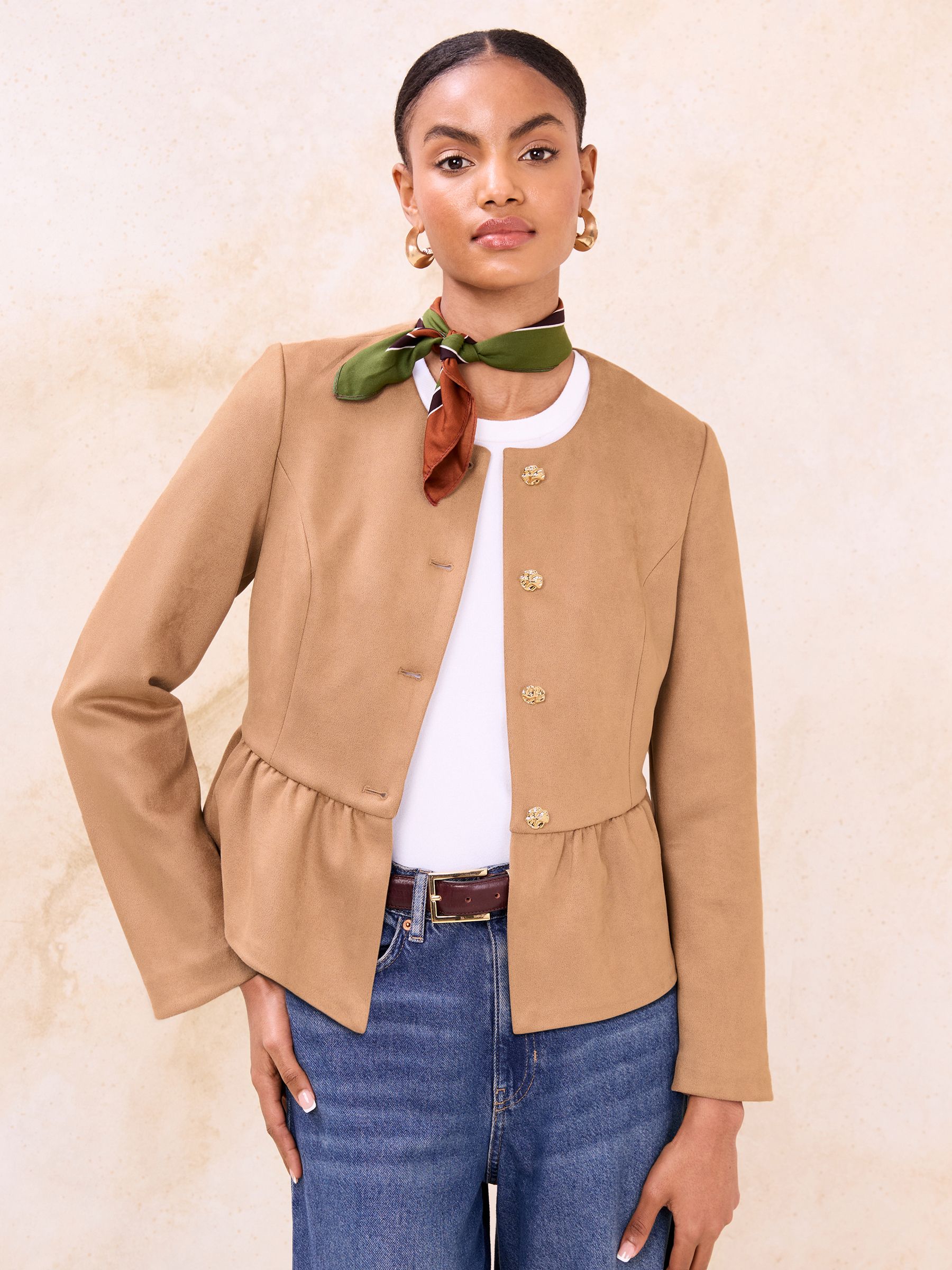 Buy Lipsy Faux Suede Camel Collarless Peplum Hem Jacket from Next USA