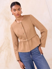 Lipsy Faux Suede Camel Collarless Peplum Hem Jacket - Image 3 of 4