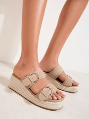 Friends Like These Taupe Brown Faux Suede Double Strap Buckle Detail Summer Mid Wedges - Image 1 of 5