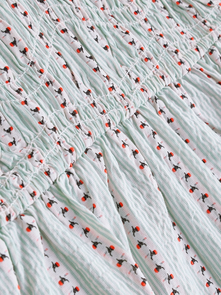 Blue/Ecru Pattern Stripe V-Neck Shirred Body Maxi Dress - Image 7 of 7