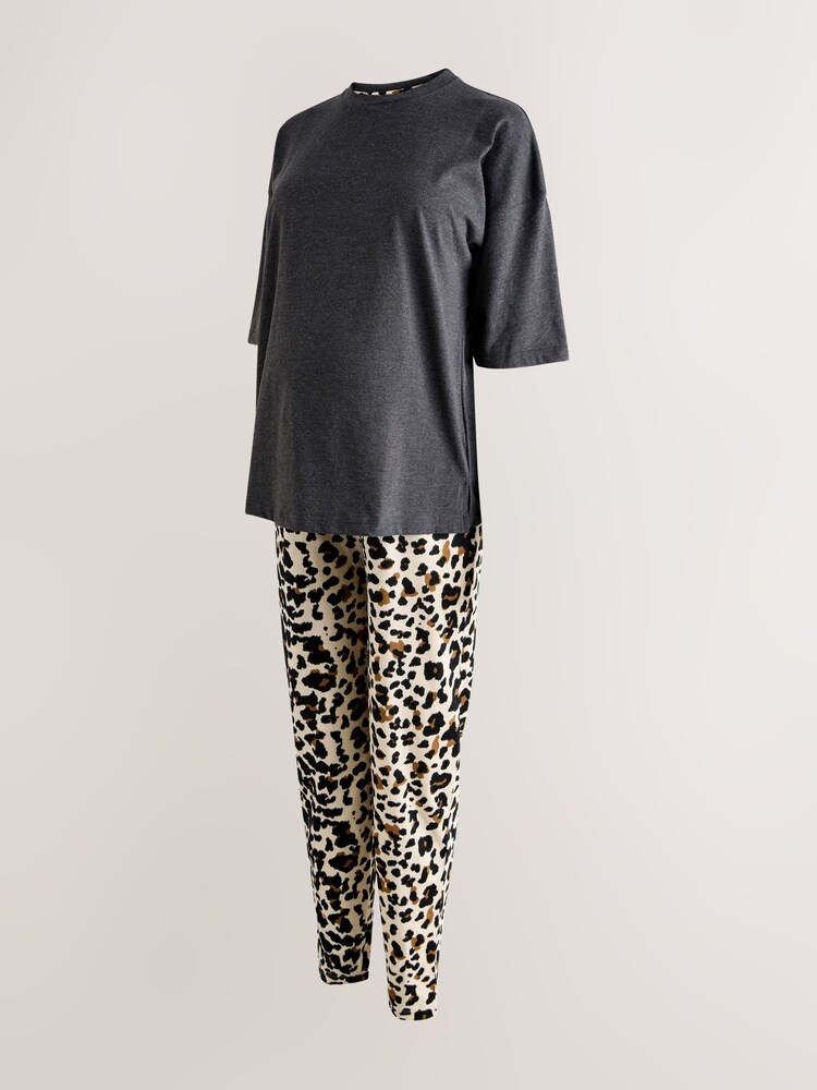 Charcoal Grey Leopard Maternity Short Sleeve Pyjamas - Image 1 of 4