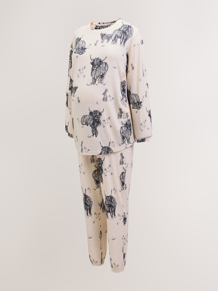 Oatmeal Hamish The Highland Cow Maternity Cosy Long Sleeve Pyjamas - Image 1 of 5 Oatmeal Hamish The Highland Cow Maternity Cosy Long Sleeve Pyjamas - Image 1 of 5