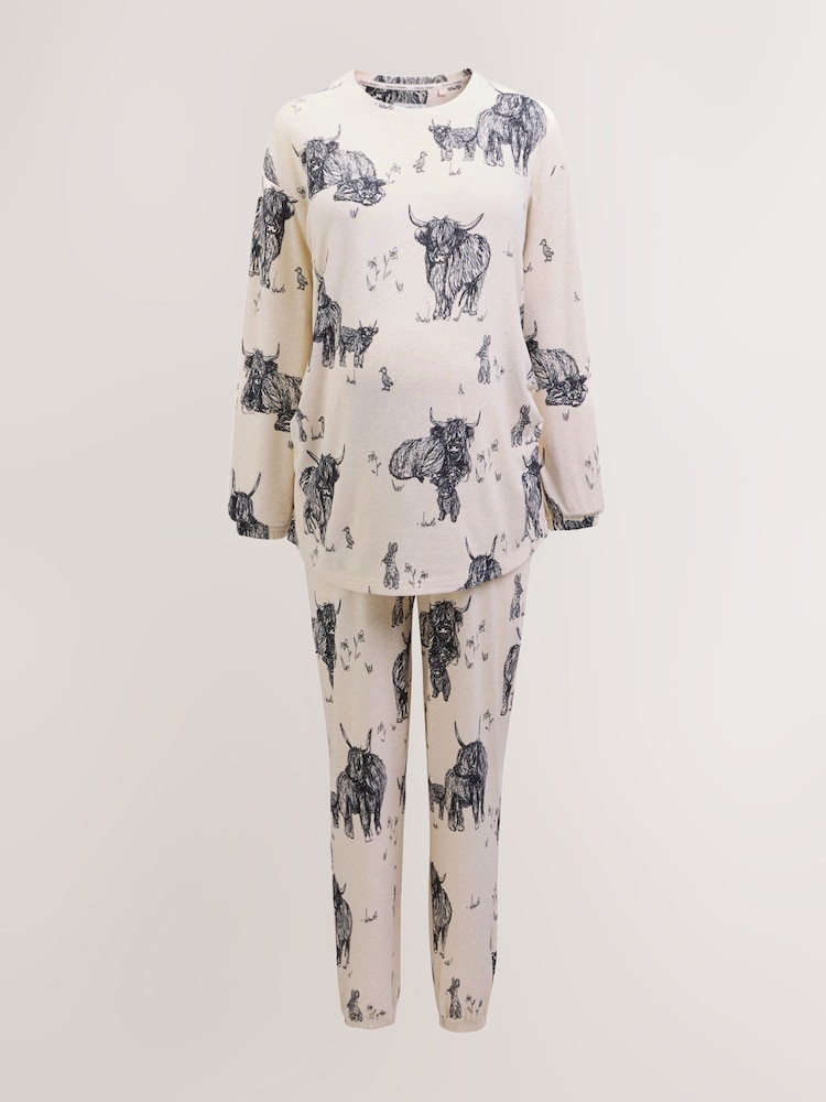 Oatmeal Hamish The Highland Cow Maternity Cosy Long Sleeve Pyjamas - Image 2 of 5 Oatmeal Hamish The Highland Cow Maternity Cosy Long Sleeve Pyjamas - Image 2 of 5
