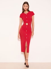 Lipsy Red Cap Sleeve Button Through Belted Bodycon Midi Dress - Image 1 of 4