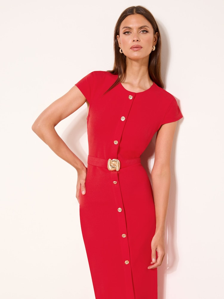 Lipsy Red Cap Sleeve Button Through Belted Bodycon Midi Dress - Image 2 of 4