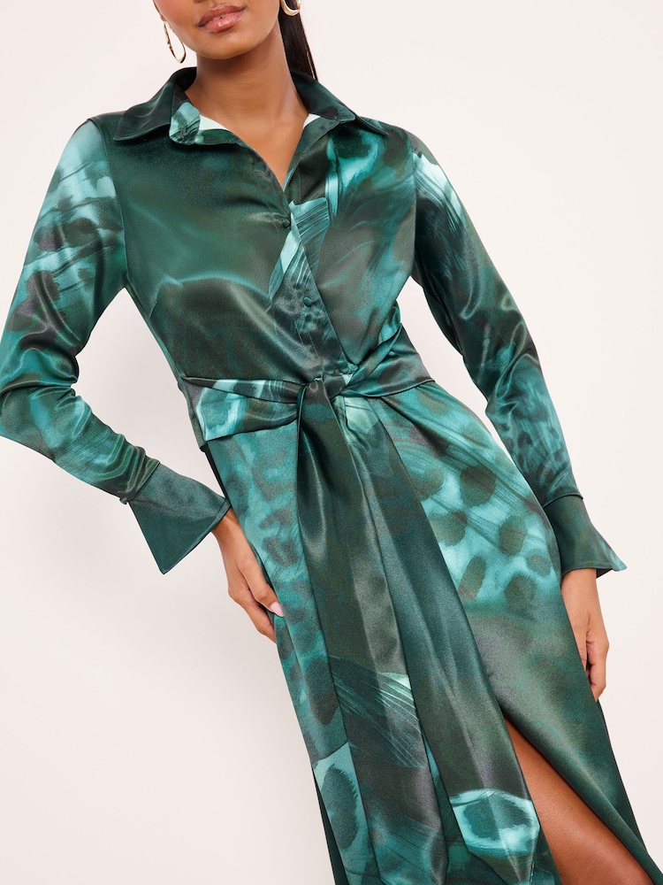 Womens Lipsy Green Animal Leopard Print Tie Waist Collared Midi Satin Shirt Dress US 8 Womens Lipsy Green Animal Leopard Print Tie Waist Collared Midi Satin Shirt Dress US 8
