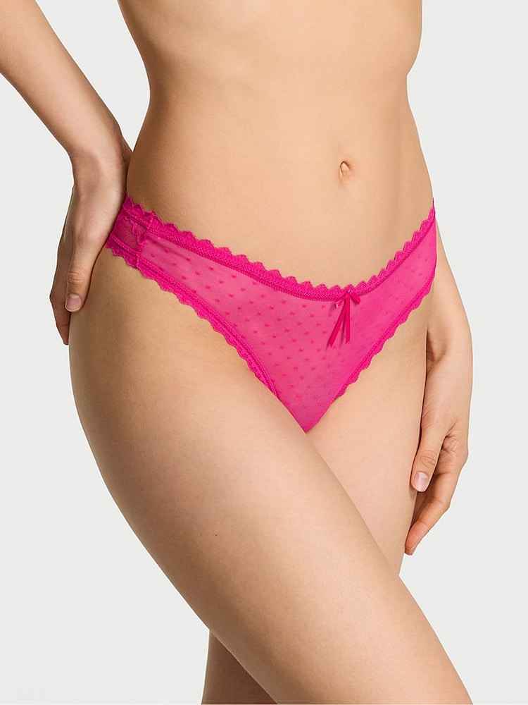 Victoria's Secret Pop Pink Thong Bow Lace Mesh Knickers - Image 1 of 2
