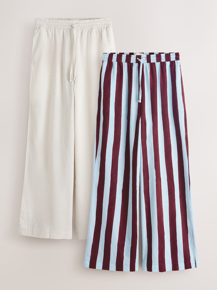 Neutral/Stripe Wide Leg Trousers with Linen 2 Pack - Image 1 of 9