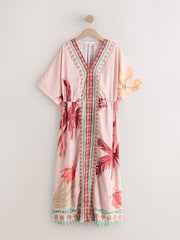 Pink Palm Print V-Neck Short Sleeve Maxi Kaftan Dress - Image 5 of 7