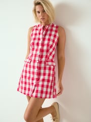 Raspberry Pink Gingham Check Sleeveless Waistcoat Button Through Mini Dress - Image 1 of 5
