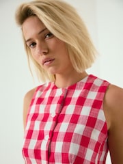 Raspberry Pink Gingham Check Sleeveless Waistcoat Button Through Mini Dress - Image 3 of 5