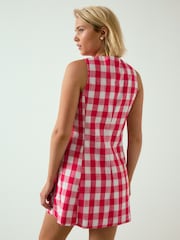 Raspberry Pink Gingham Check Sleeveless Waistcoat Button Through Mini Dress - Image 4 of 5
