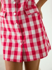Raspberry Pink Gingham Check Sleeveless Waistcoat Button Through Mini Dress - Image 5 of 5
