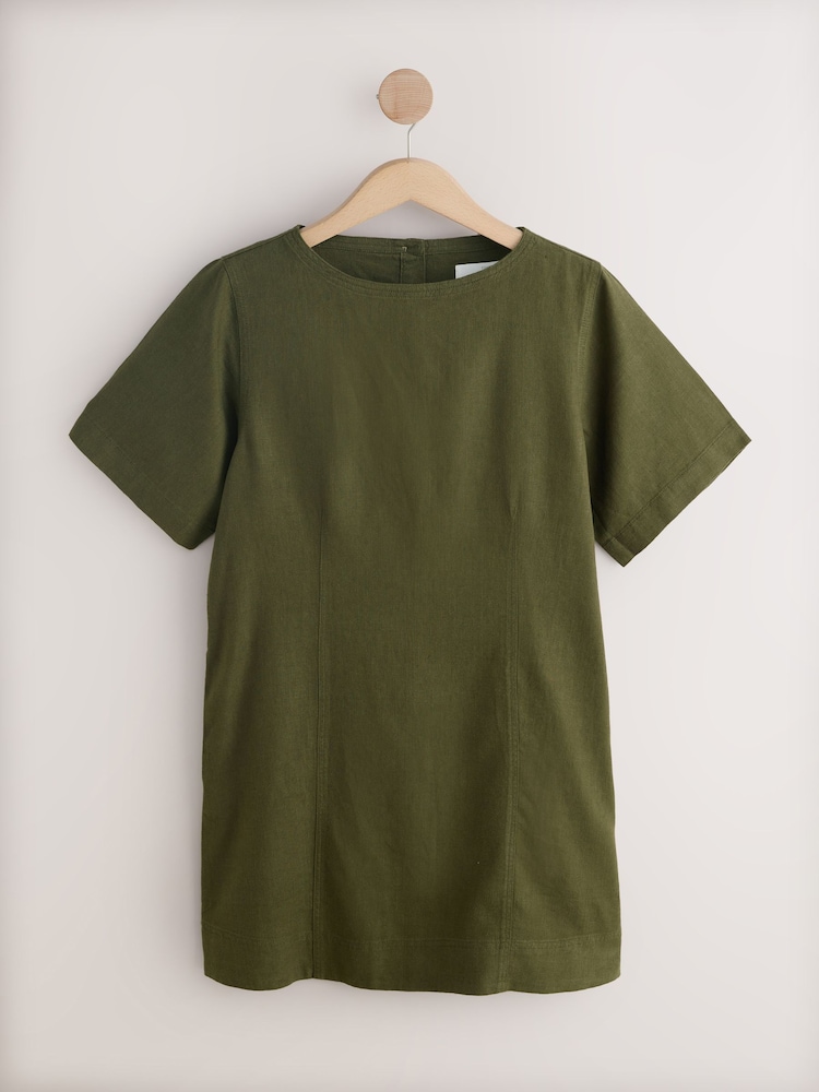 Verde caqui - Linen Blend Button Back Mini T-Shirt Dress - Imagen 1 de 4