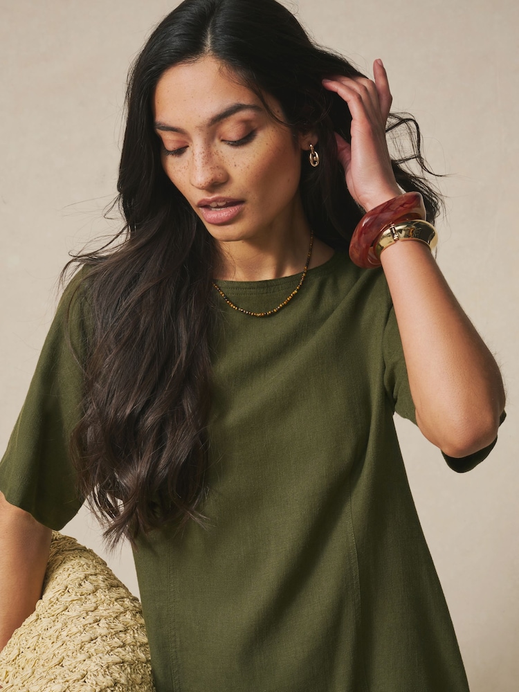 Buy Khaki Green Linen Blend Button Back Mini T-Shirt Dress from Next Chile