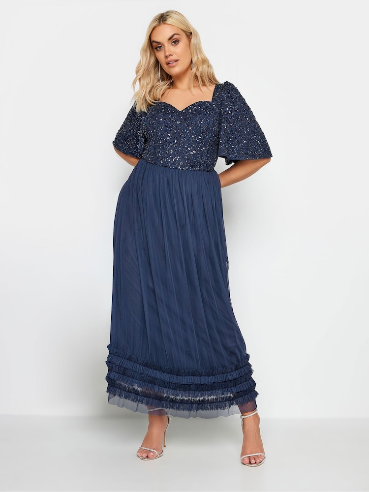 Yours Curve Blue Luxe Sequin Ruffle Hem Maxi Dress - Image 1 of 4