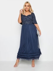 Yours Curve Blue Luxe Sequin Ruffle Hem Maxi Dress - Image 2 of 4