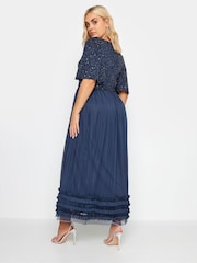 Yours Curve Blue Luxe Sequin Ruffle Hem Maxi Dress - Image 3 of 4