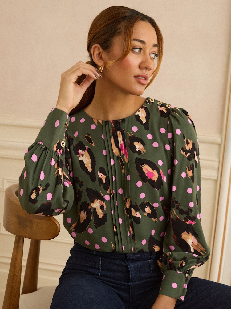 Love & Roses Khaki Green Animal Button Detail Pleated Crew Neck Blouse - Image 1 of 4