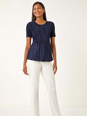 Roman Blue Plisse Short Sleeve Blouse - Image 3 of 5