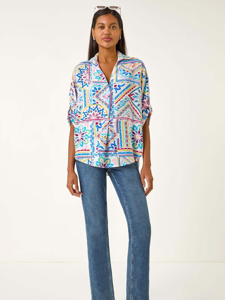 Roman Blue Tile Print Collared Shirt - Image 2 of 5
