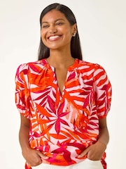 Roman Pink Tropical Pleated V-Neck Shirt - Image 1 of 5