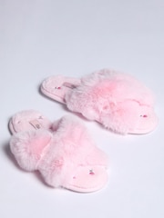 Boux Avenue Pink Floral Print Embroidered Crossband Slippers - صورة 2 من 6